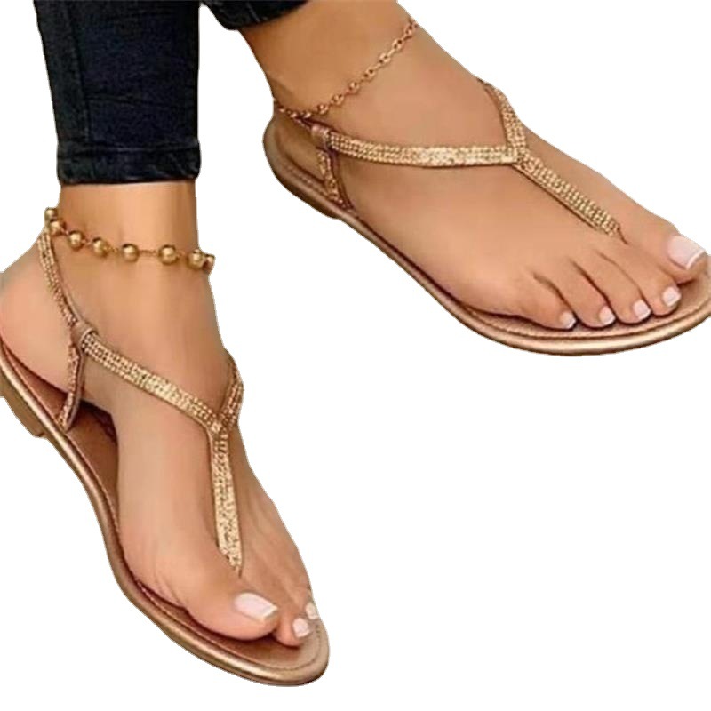 Aliexpress women's flip-toe flat sandals, low-heeled rhinestone one-button comfortable and sexy women's shoes, export one-piece consignment Application Scenario