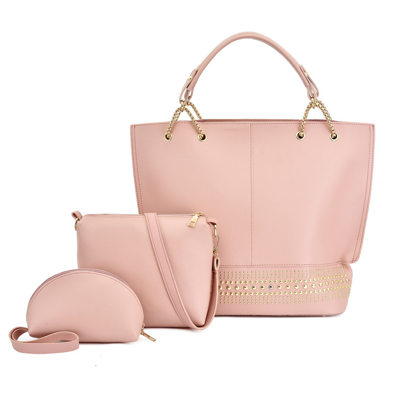 New 2024 foreign trade mother-daughter bag three-piece set, European and American fashion single-shoulder crossbody bag, versatile rivet hand-held large bag Item Picture
