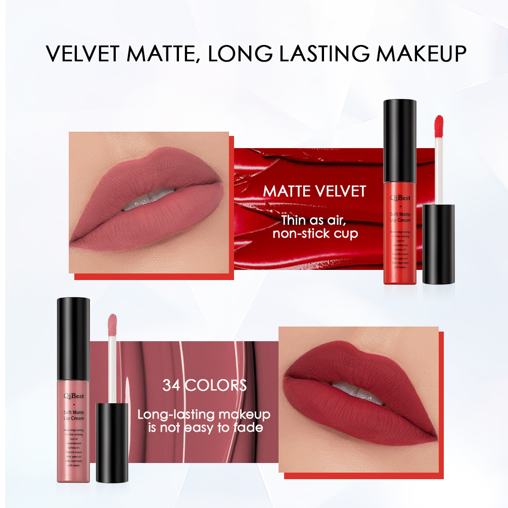 qibest 34-color matte non-stick cup Non-fading Lip Gloss Matte liquid Lipstick Makeup details Picture