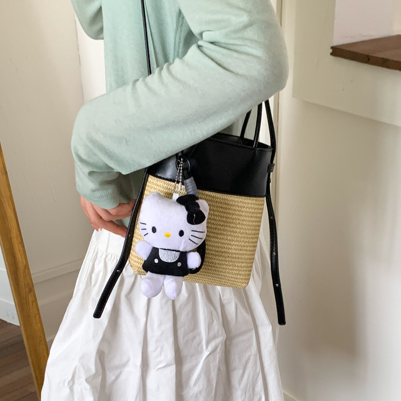 Korean style simple and fashionable woven mobile phone bag for women 2025 summer new seaside vacation crossbody straw woven bucket bag Application Scenario