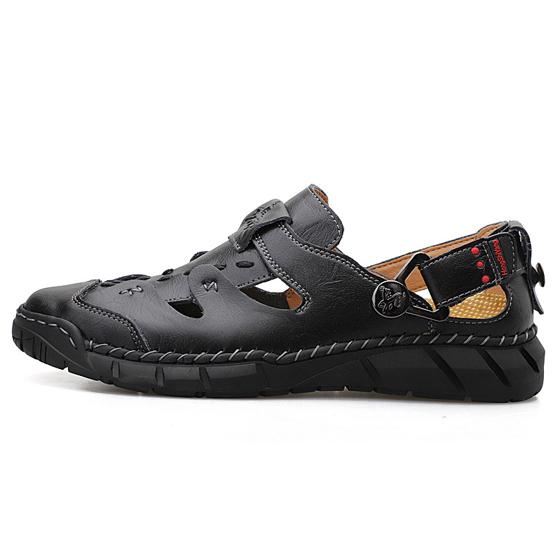 Cross-border genuine leather men's breathable large size 50 sandals, men's 49 massage sole, foreign trade cowhide beach shoes, casual men's slippers details Picture