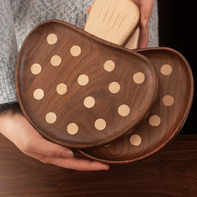 Nordic-style creative black walnut mushroom tray, solid wood washable children's cute dinner plate, wooden cartoon fruit and snack plate detail image 5