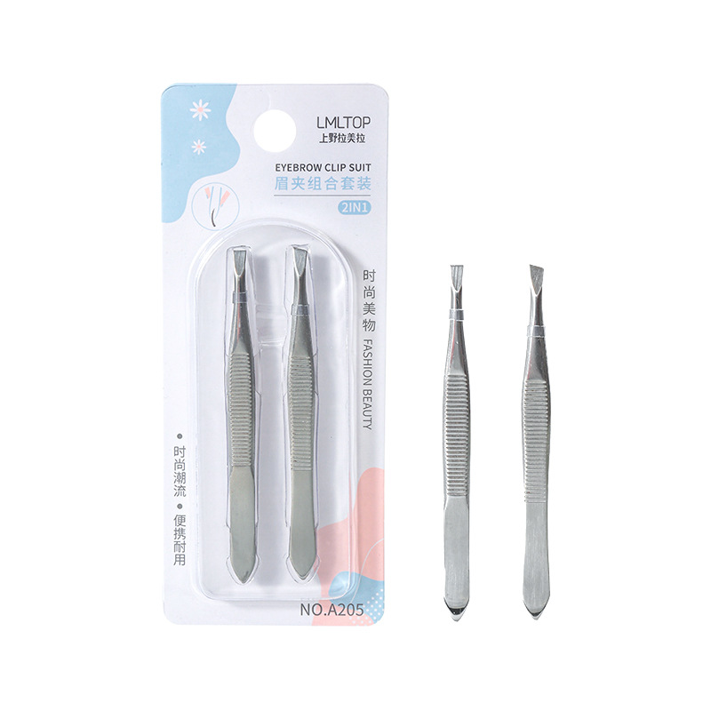 Latin American diagonal and flat eyebrow straightening pliers, stainless steel eyebrow straightening pliers, hot-selling eyebrow tweezers, 2-piece set A205 Item Picture