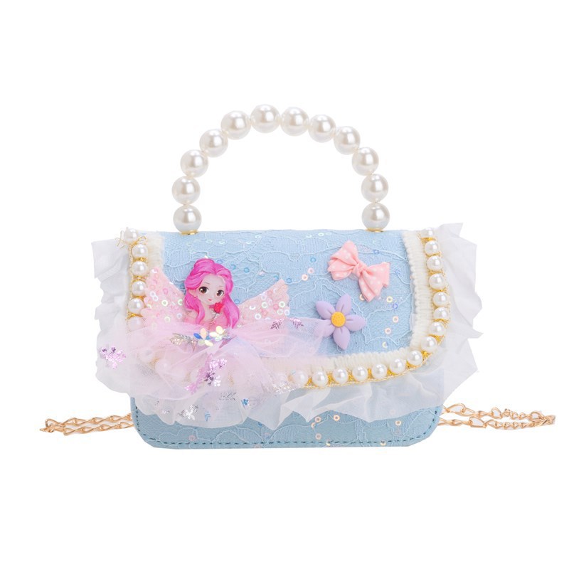 New children's bags: Cute girls' crossbody bag, lace, stylish princess accessory bag, Chanel-style pearl chain bag Item Picture