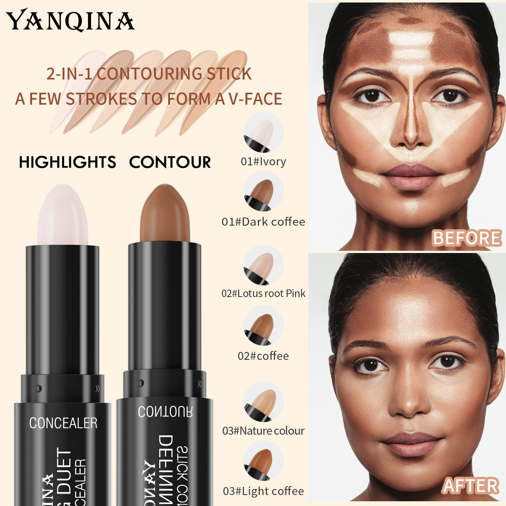 YANQINA Yanqina Dual-head Contouring Stick High-gloss Three-dimensional Modification Shadow V-face Two-in-one High-gloss Stick Beauty details Picture