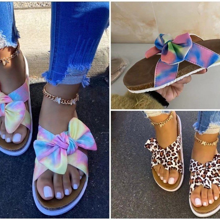 The 2021 summer new style of large-sized cool slippers for women in foreign trade, featuring leopard print and colorful women's shoes with bow thick-soled outerwear Specification drawing