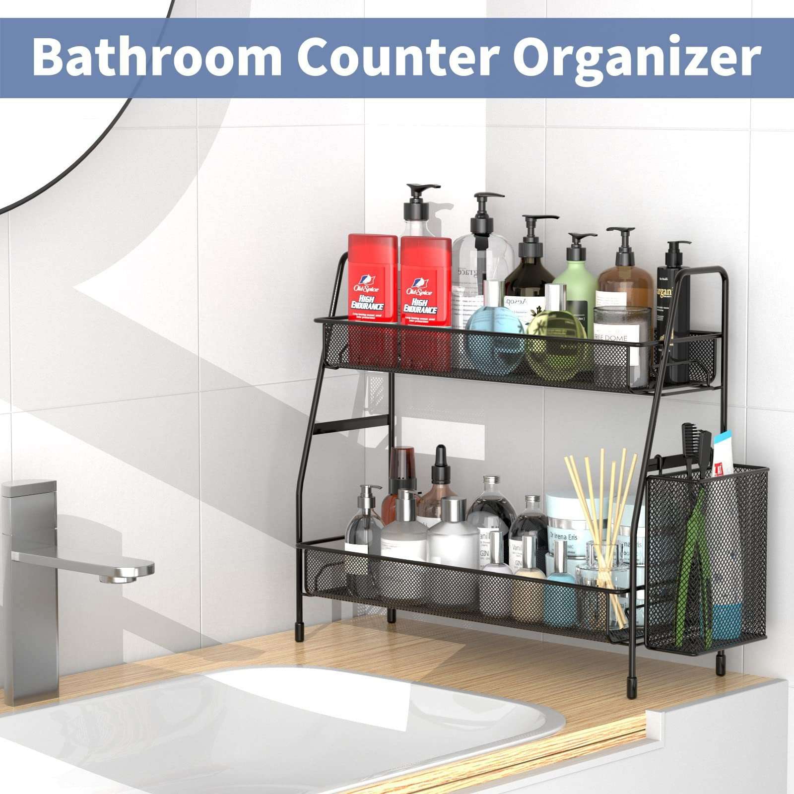 N14-CY-0233 Double-layer mesh kitchen shelf countertop seasoning rack, detachable ironwork for storing condiments Specification image