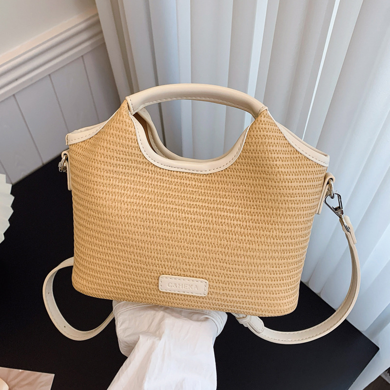 Fashionable bucket bag for women 2025 Summer new style work and commuting patchwork woven bag, simple and casual single-shoulder small bag, trendy full figure
