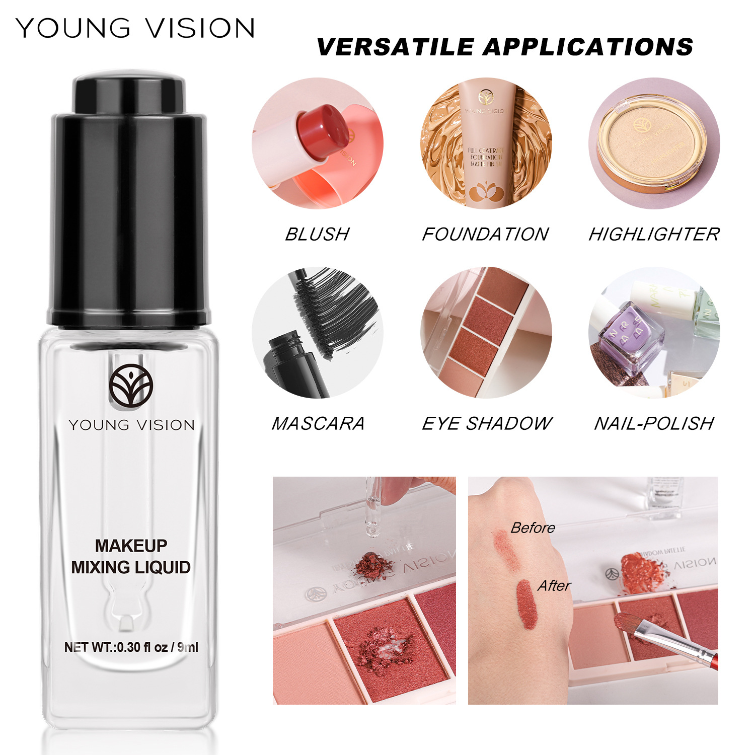 YOUNG VISION Makeup Blend Essence, Eyeliner Cream, Powder Compact, Blush, Nail Polish, Eyeshadow Diluent Specification drawing
