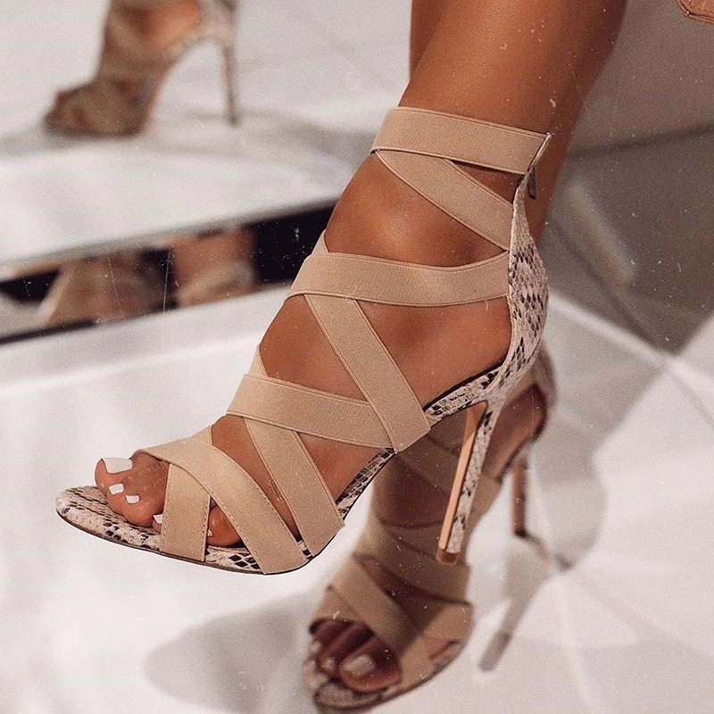 wish's best-selling high-heeled sandals for women 2021 new style, European and American snake-patterned thin-heeled sandals, cross-border large-sized women's sandals details Picture