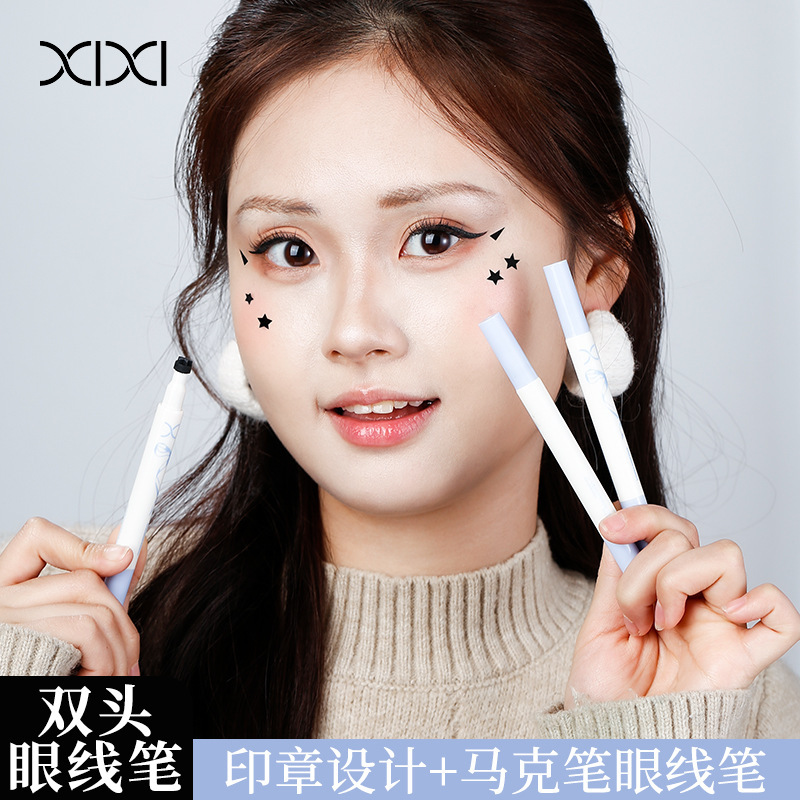 xixi Gulu Double-head seal eyeliner Pen, natural and long-lasting color, waterproof and sweat-proof, not easy to smudge, suitable for beginners with sponge heads details Picture