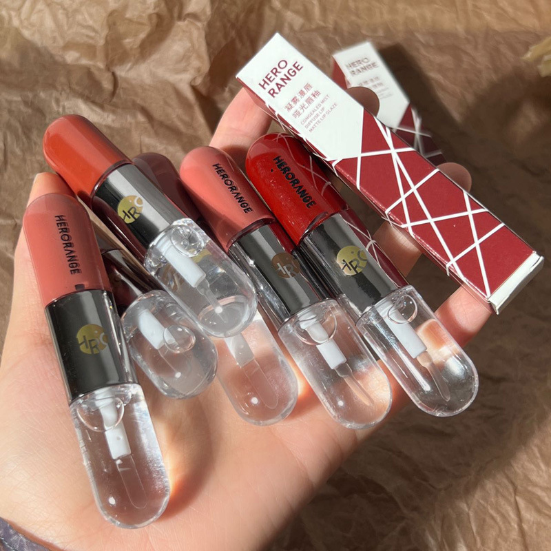 HERORANGE~ Double-headed lip gloss, lip gloss, lipstick, raincoat, cinnamon milk tea, transparent nude mirror, pouty lips, affordable price full figure