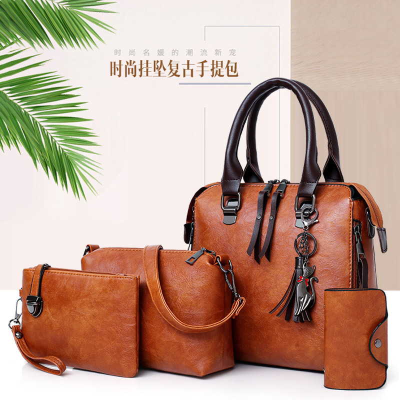 European and American retro cross-border wholesale women's bag 2023 new style mother-and-child bag oil leather single-shoulder four-piece women's handbag full figure