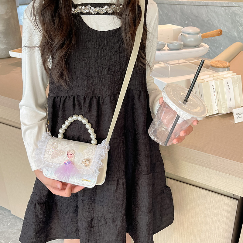 New children's bags: girls' single-shoulder bag, cute princess pearl handbag, bow lace crossbody bag, small square bag Specification drawing