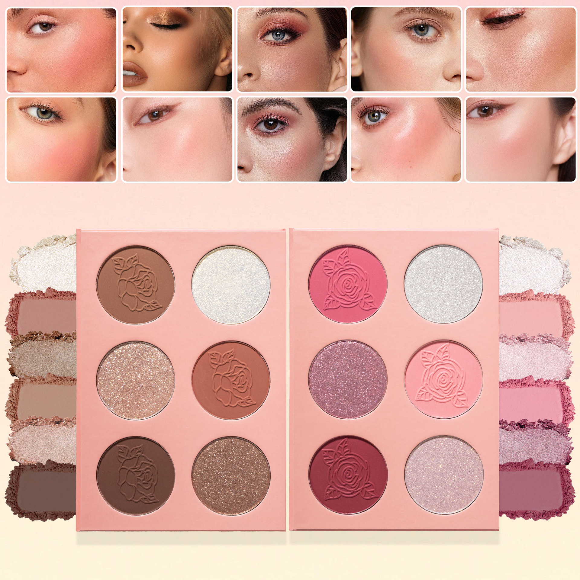 Cross-border beauty high-gloss six-color blush naturally brightens, three-dimensional contouring, long-lasting, waterproof and sweat-proof, all in one full figure
