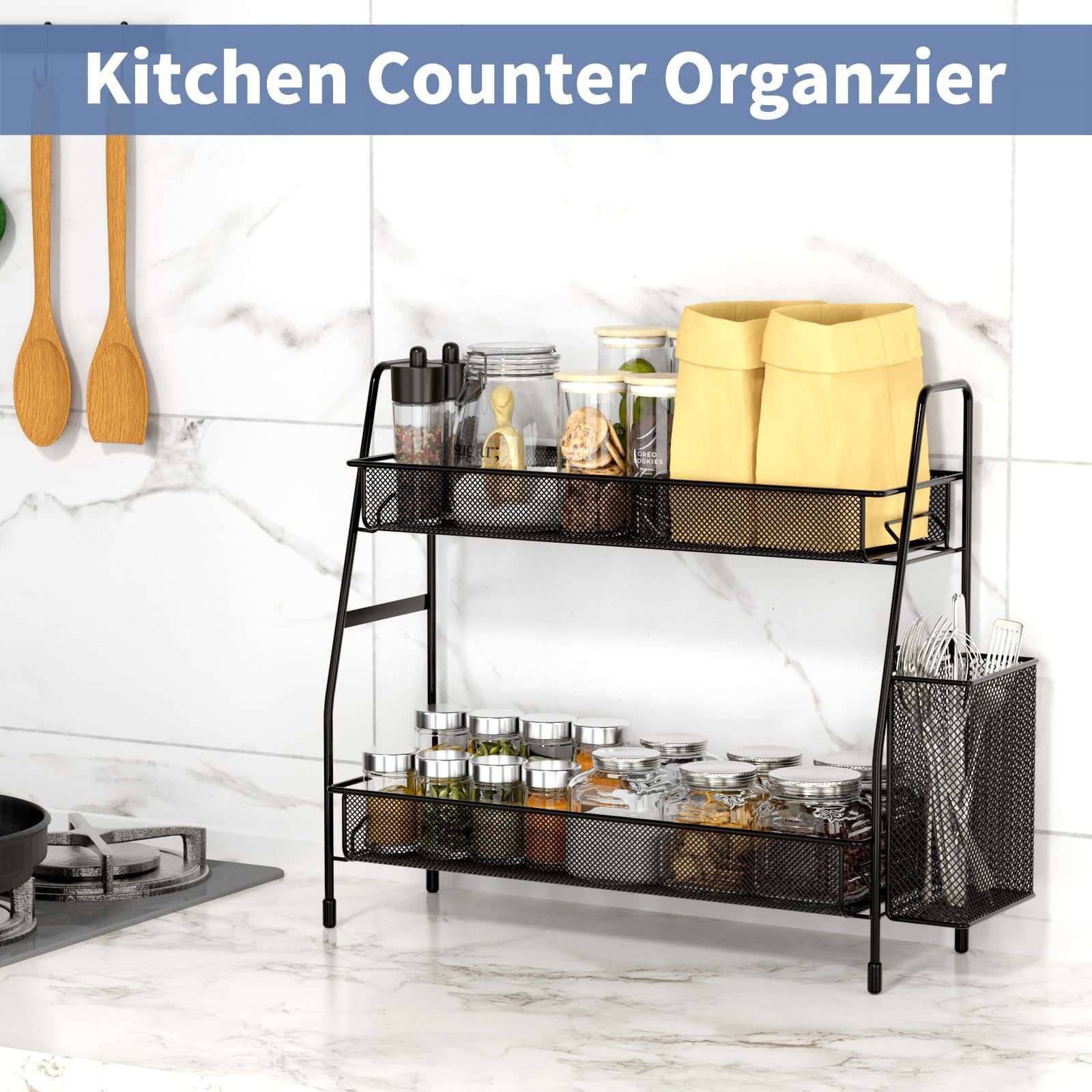 N14-CY-0233 Double-layer mesh kitchen shelf countertop seasoning rack, detachable ironwork for storing condiments Item Picture