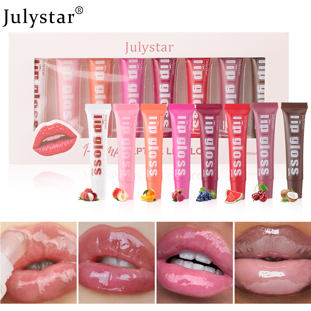 Julystar Fruit-Flavored Long-lasting Moisturizing Lip Gloss, Lustrous and Transparent 8-piece set, Lip Moisturizing Cream, Wholesale Lip makeup full figure