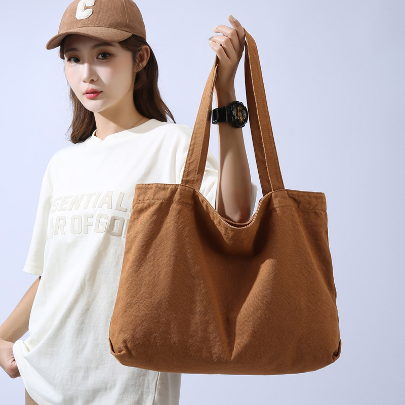 Casual, simple, large-capacity canvas bag, women's single-shoulder bag, retro solid-color tote bag, commuting bag, college student class bag full figure