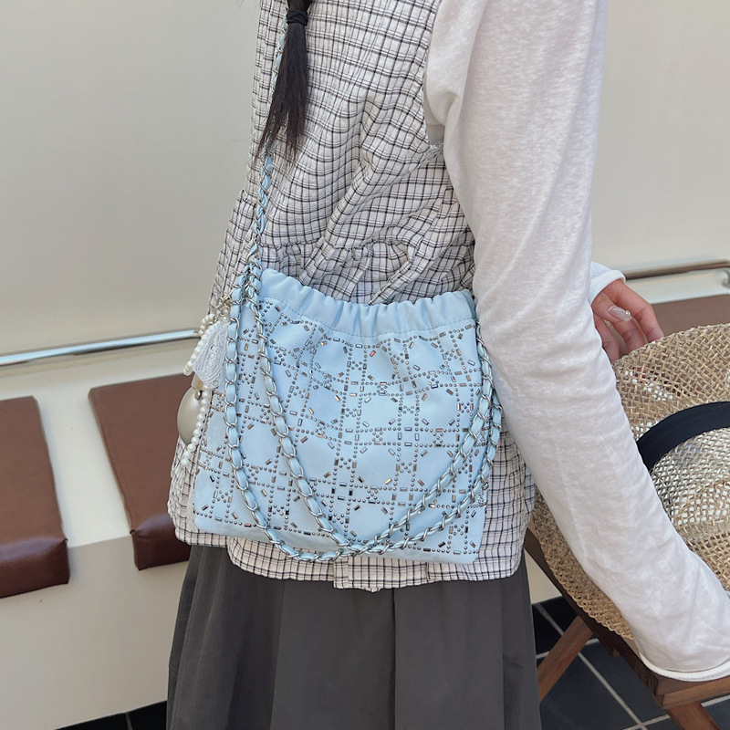 Pleated underarm small bag for women, 2025 new style fashionable denim bright diamond bucket bag, summer versatile chain crossbody bag details Picture