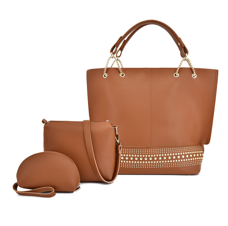 New 2024 foreign trade mother-daughter bag three-piece set, European and American fashion single-shoulder crossbody bag, versatile rivet hand-held large bag Specification drawing