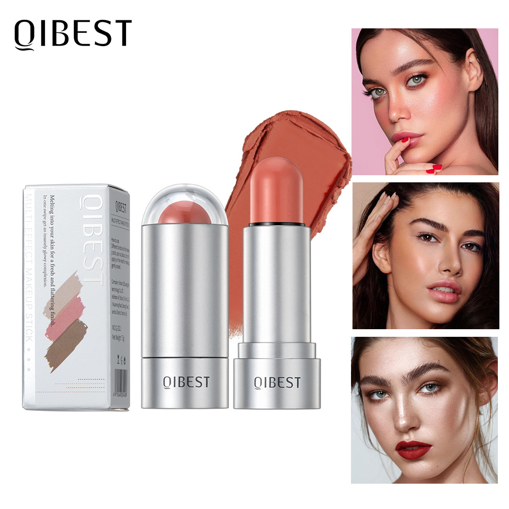 QIBEST multi-functional makeup stick, high-gloss blush, contouring, pearlescent and matte, naturally brightens the face, easy to apply makeup full figure