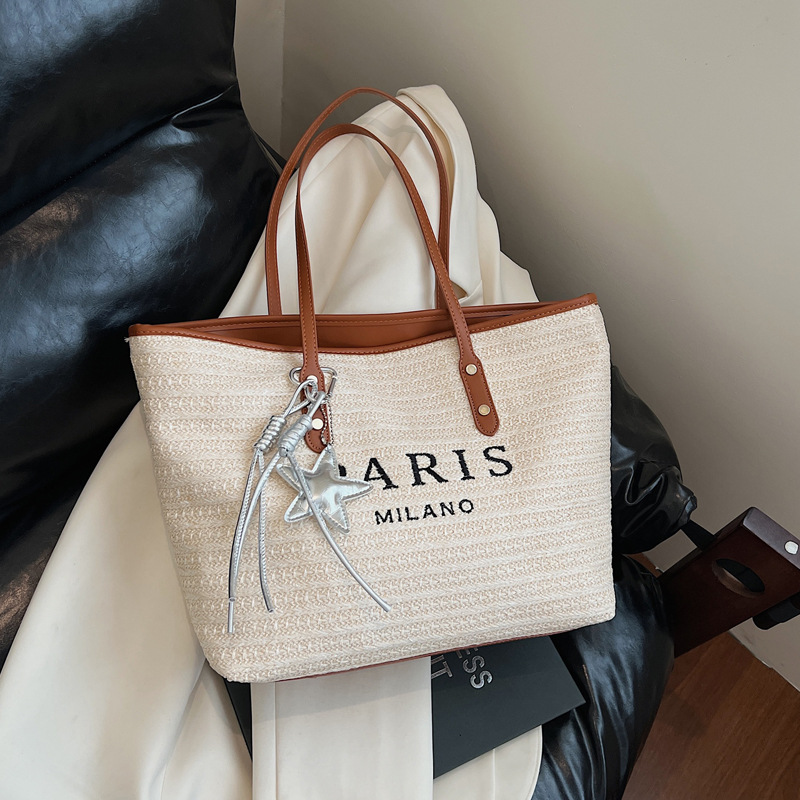 Summer striped woven large-capacity tote bag 2025 New style fashionable and trendy Korean style simple and elegant casual single-shoulder bag full figure