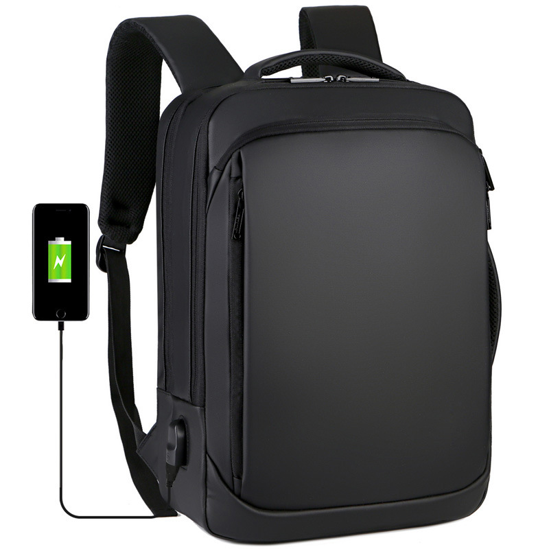 Cross-border men's backpack, USB business travel backpack, 15.6-inch leather film water-resistant computer bag with logo printing full figure