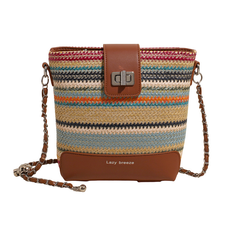 Seaside vacation beach rainbow woven bag for women 2025 Summer New style fashionable, simple, casual and high-quality single-shoulder bucket bag Item Picture