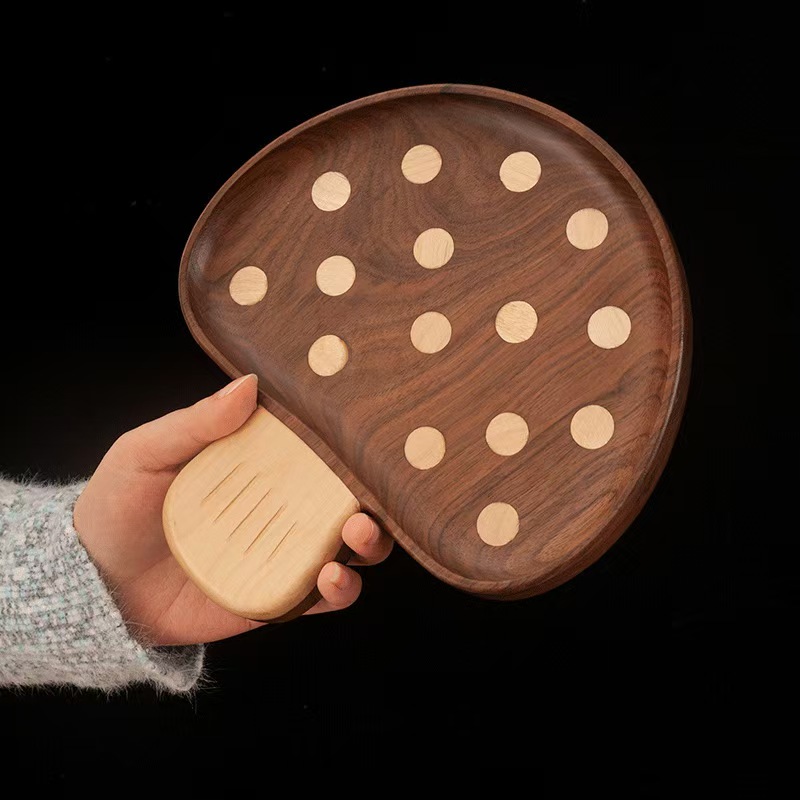 Nordic-style creative black walnut mushroom tray, solid wood washable children's cute dinner plate, wooden cartoon fruit and snack plate detail image 6