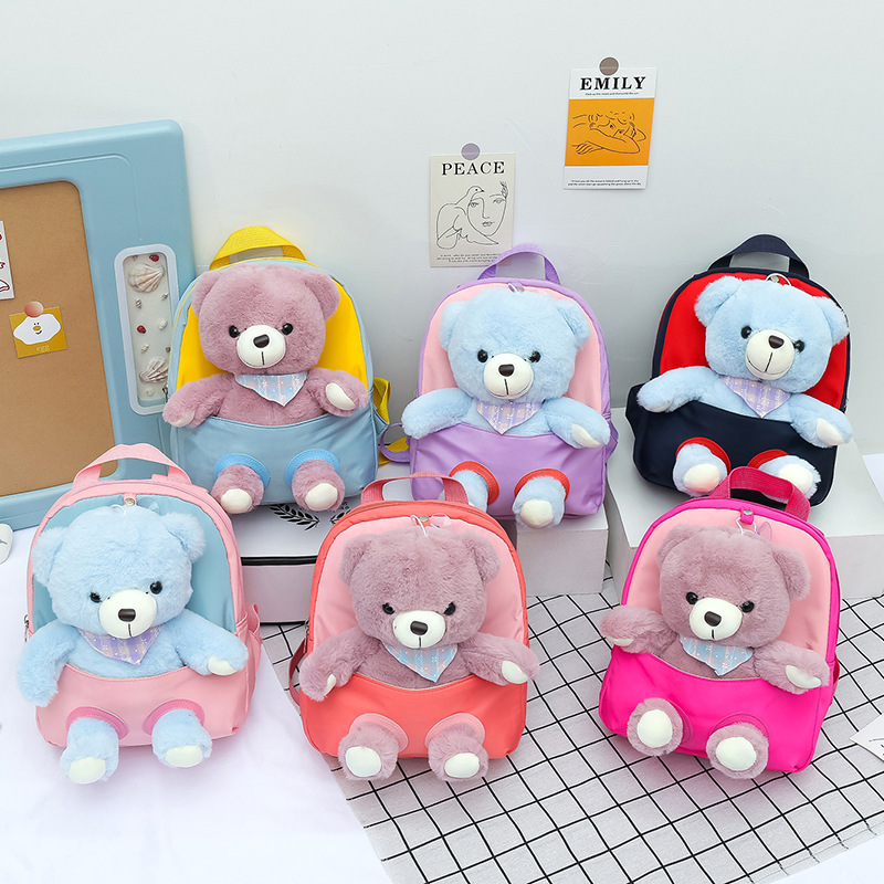 Cute little bear doll children's backpack, kindergarten schoolbag, cartoon fashionable and cute scarf, little bear lightweight backpack full figure