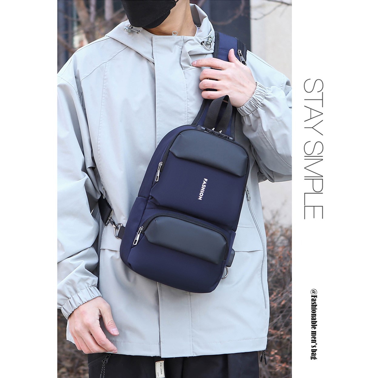 Cross-border wholesale men's chest bags, fashionable single-shoulder crossbody bags, multi-functional sports chest backpacks, USB charging port bags Specification drawing