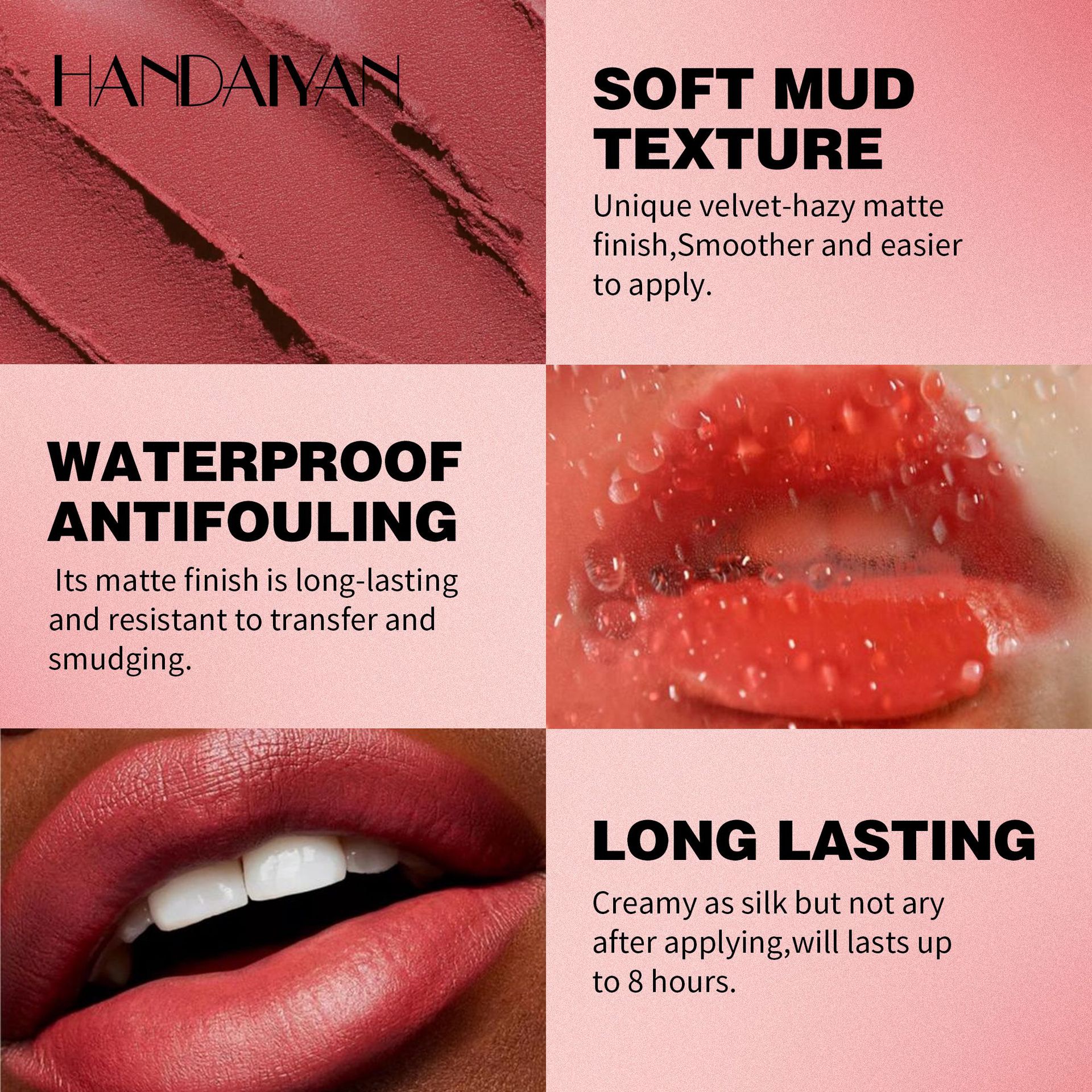 Cross-border Lip Mud Matte Long-lasting Lipstick handaiyan Matte long-lasting Waterproof Lip and Cheek Dual-purpose Lip Mud wholesale details Picture