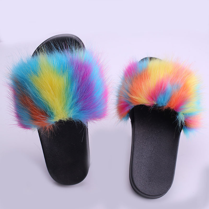 Amazon large-sized trendy woolen flip-flops for women in summer 2021, European and American fashion outerwear, colorful one-line flat flip-flops Specification drawing