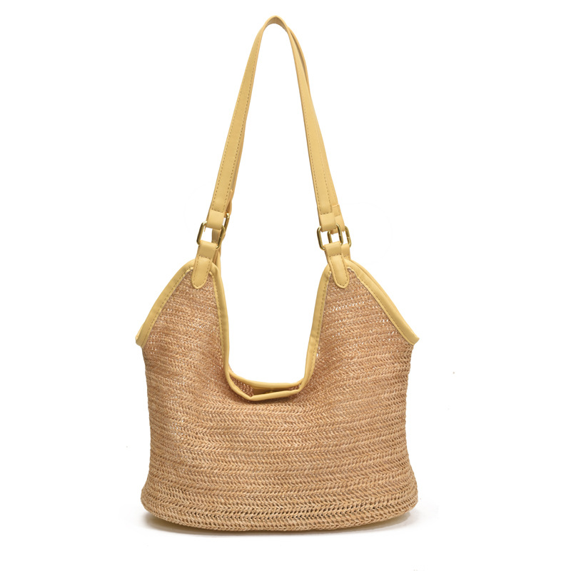 2025 New Korean-style beach underarm single-shoulder bag for women, a trendy and fashionable straw-woven large-capacity tote bag with contrasting colors Item Picture