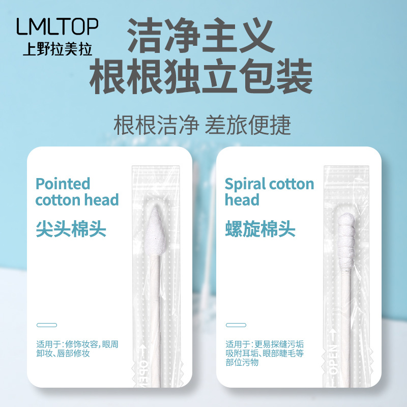 LMLTOP 80 individual packaged cotton swabs with pointed and spiral tips, disposable makeup and cleaning cotton swabs SY435 details Picture