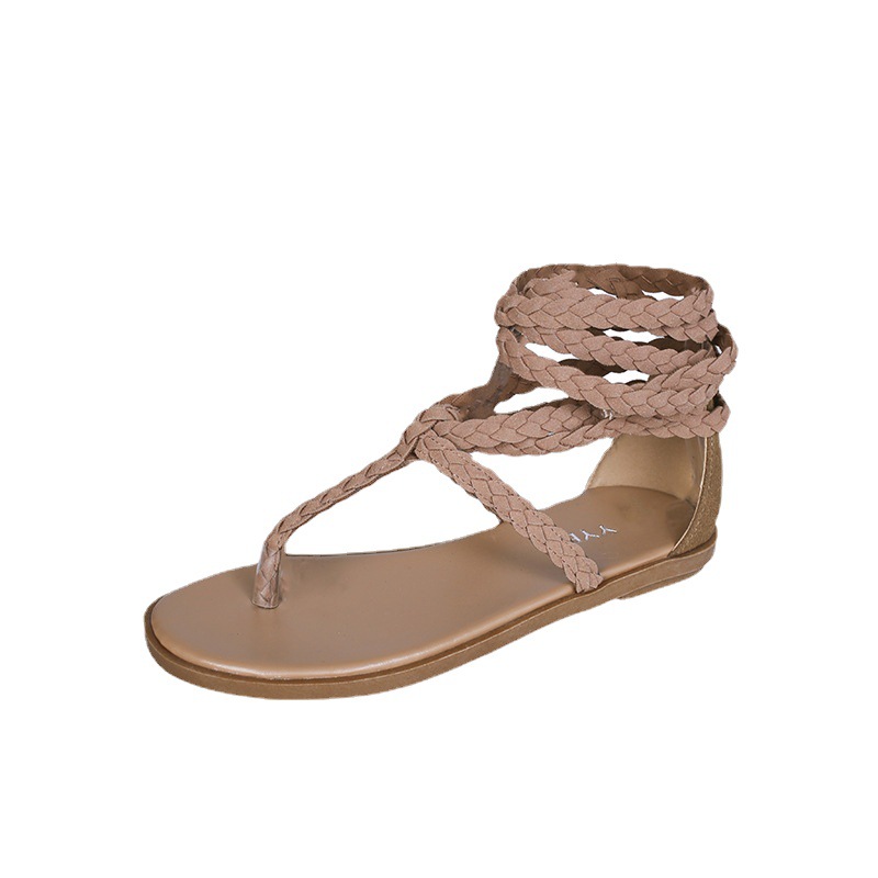 Summer 2021 cross-border large-sized beach sandals for women, European and American style flat toe interlocking woven ankle straps Item Picture