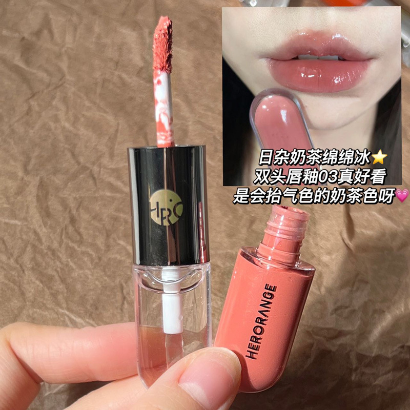 HERORANGE~ Double-headed lip gloss, lip gloss, lipstick, raincoat, cinnamon milk tea, transparent nude mirror, pouty lips, affordable price Specification drawing
