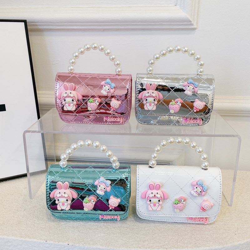 Children's bags, girls' fashionable chain crossbody bags, cute cartoon single-shoulder bags, shiny pearl handbags, small square bags Specification drawing