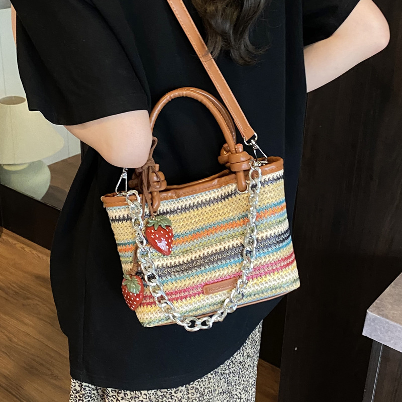 Summer vacation beach-style straw woven bag, hand-held crossbody bag, 2025 new style, stylish rope knot vegetable basket bag, woven bag Specification drawing