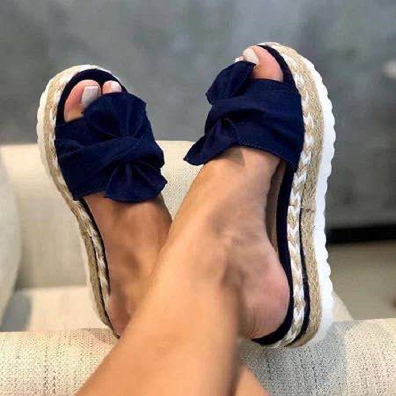 Summer wedge heel bow sandals for women, large-sized thick-soled rope beach shoes, large-sized women's shoes, size 43 wholesale details Picture