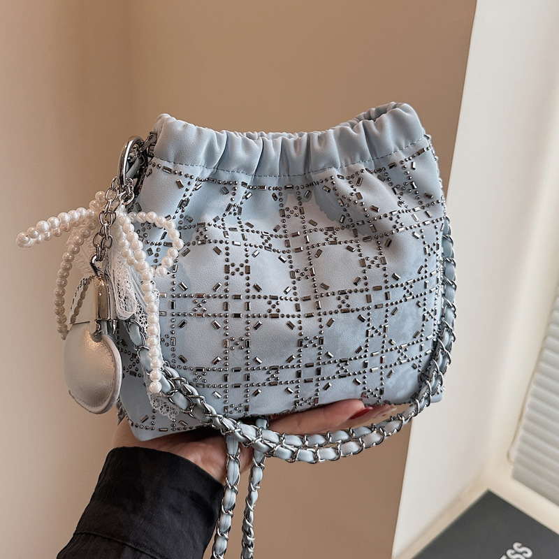 Pleated underarm small bag for women, 2025 new style fashionable denim bright diamond bucket bag, summer versatile chain crossbody bag full figure