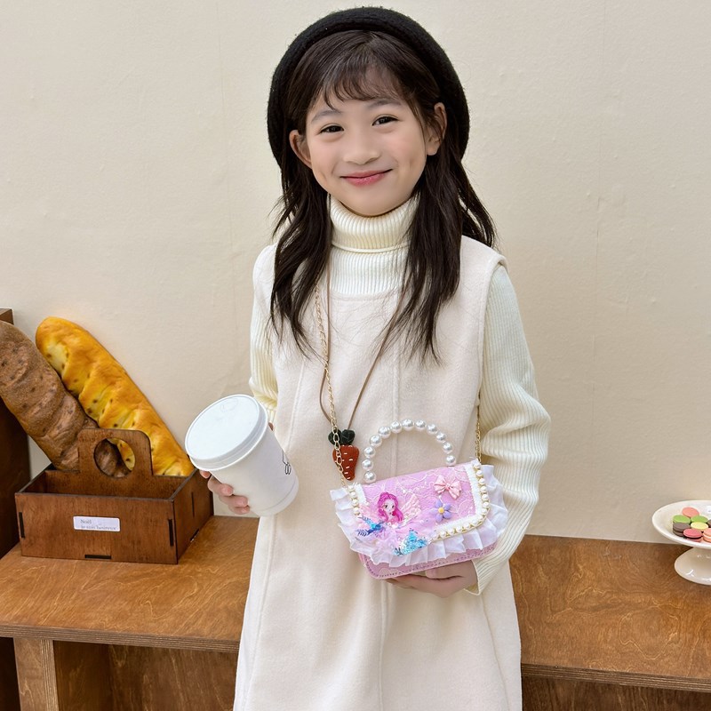 New children's bags: Cute girls' crossbody bag, lace, stylish princess accessory bag, Chanel-style pearl chain bag Specification drawing