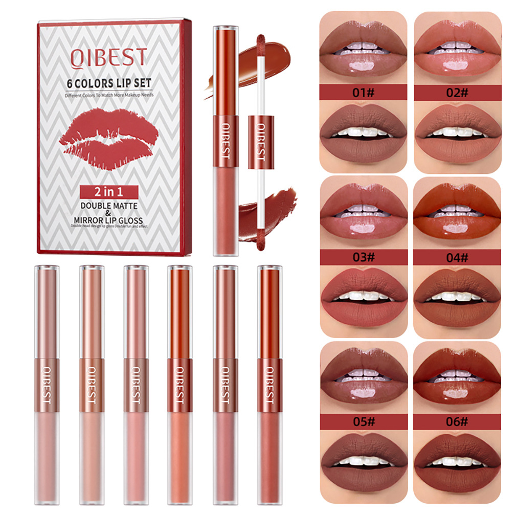 QIBEST Cross-border Velvet Two-in-One Double-head Matte Lip Gloss Matte Waterproof Non-stick Cup Non-fading Lip Gloss Set full figure