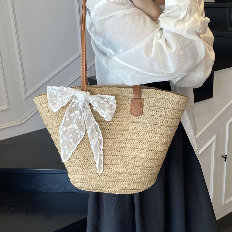 Women's large-capacity straw woven bag 2025 new style vacation beach woven bucket bag Vegetable basket commuting tote bag details Picture