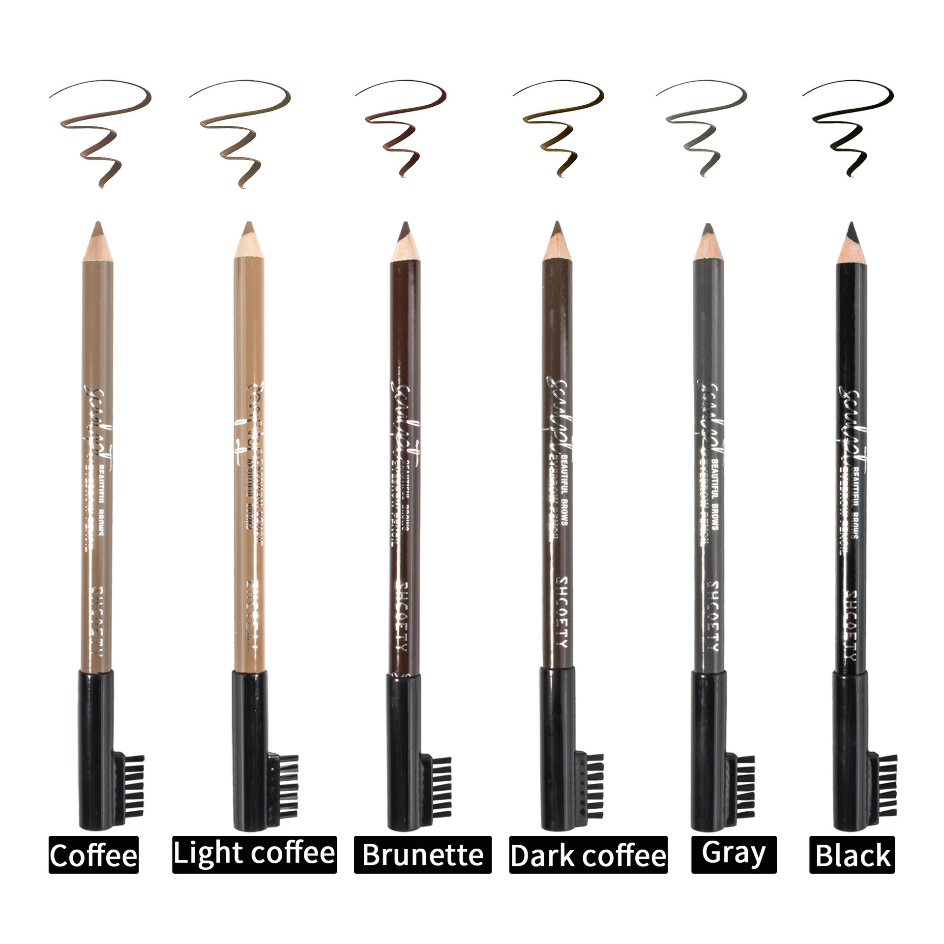 SHCOETY Cross-border Eyebrow Brush Eyebrow Pencil Set: Six-color wooden eyebrow pencils, waterproof, non-smudge and non-fading makeup pens Item Picture