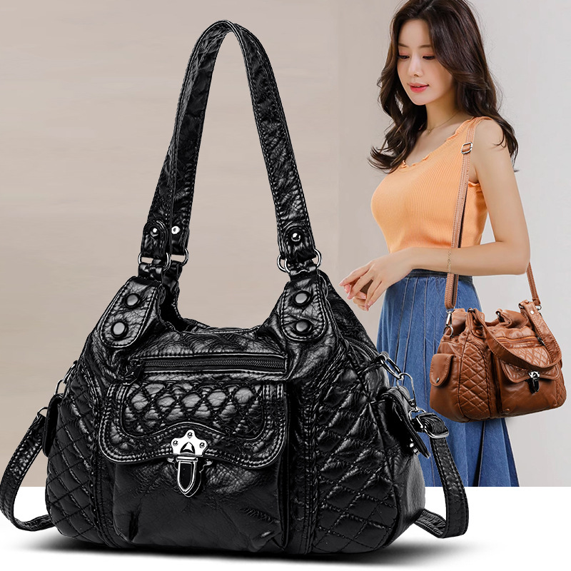 2023 New Mom Commuting Large Capacity tote handbag, washed leather pu women's bag, polyester single-shoulder bag full figure