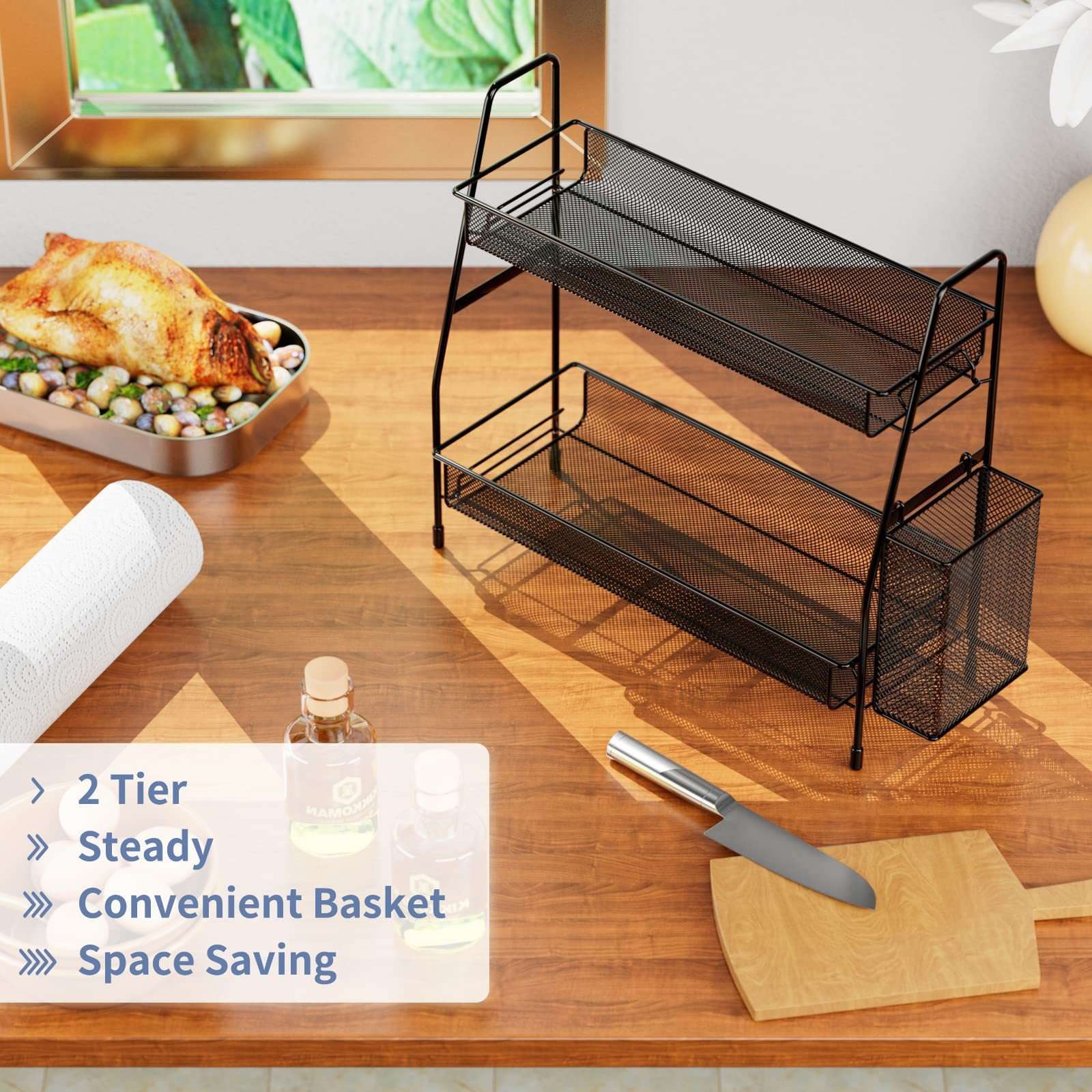 N14-CY-0233 Double-layer mesh kitchen shelf countertop seasoning rack, detachable ironwork for storing condiments detail image 9