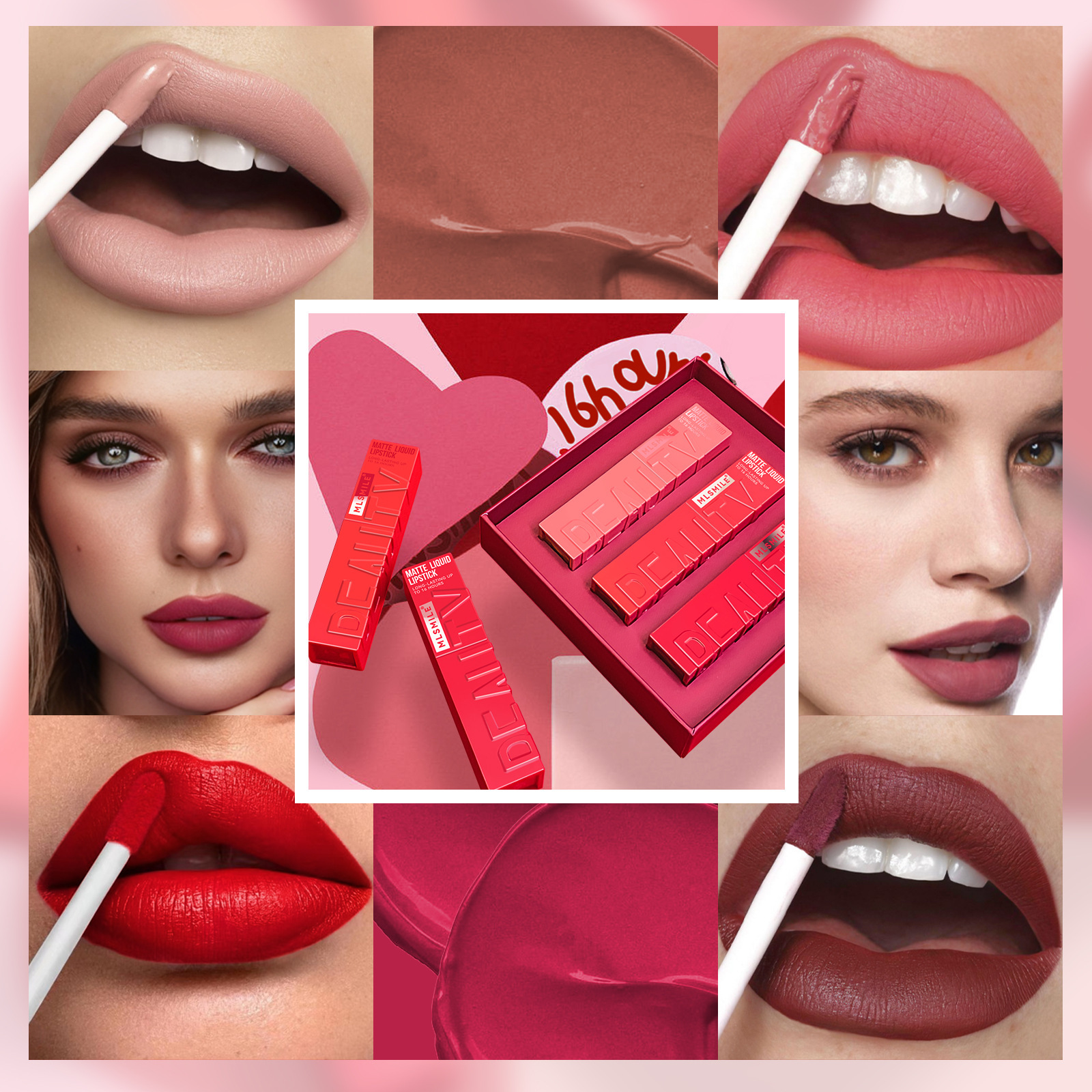 MLSMILE 3-color set: European and American non-stick cup lip gloss, matte liquid, matte lipstick, Lip dye and lip gloss Specification drawing