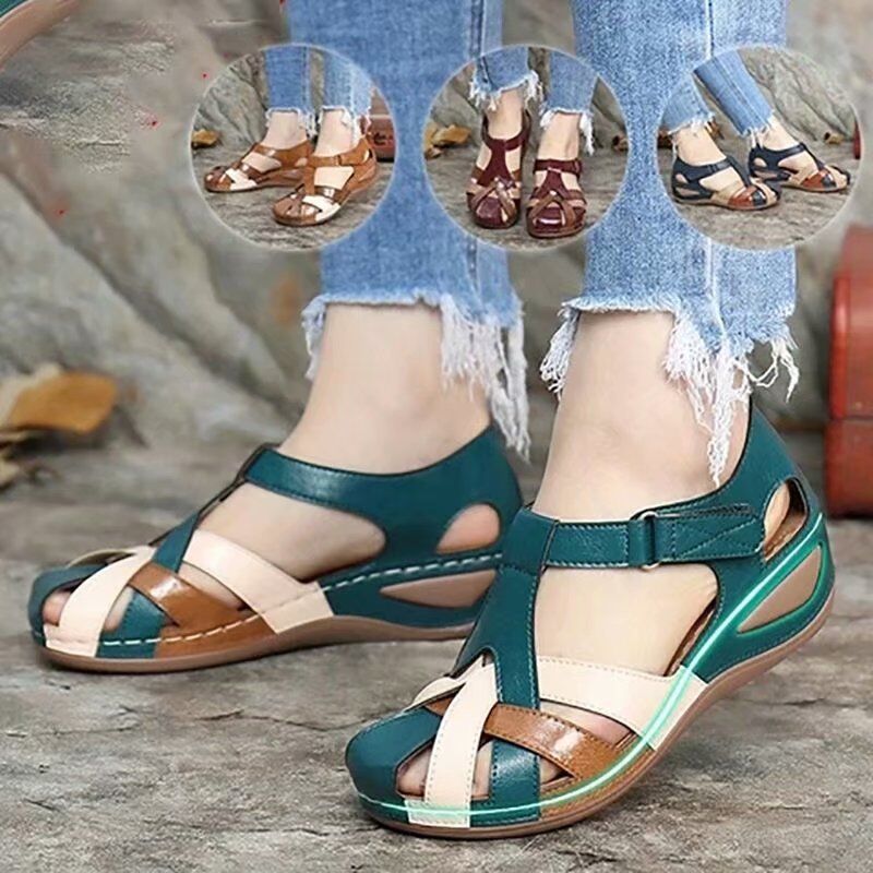 Cross-border Amazon export women's shoes 2020 Summer new style European and American retro round-toe wedge heel cross-buckle women's sandals full figure