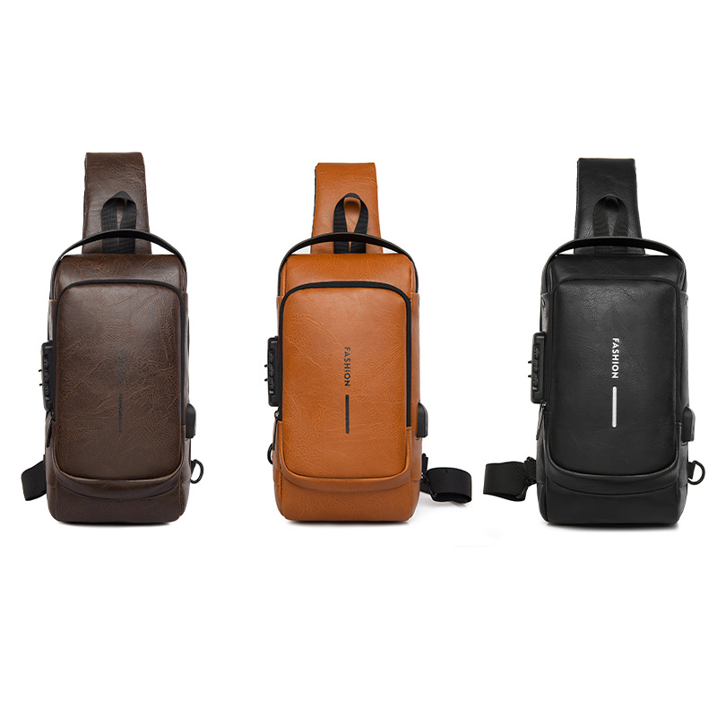 New men's crossbody bag, chest bag, leather bag, shoulder bag, sports mini backpack, multi-functional men's bag, combination lock, cross-border Item Picture